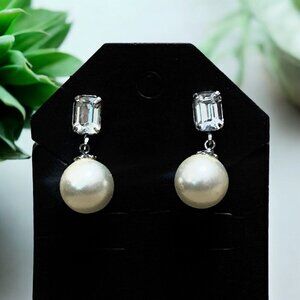 Vintage Marvella Faux Pearl Rhinestone Clip On Dangle Earrings